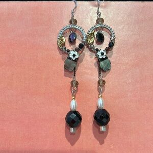 Long Earrings with Silver,Gray & White Pearl, & Black-Boutique